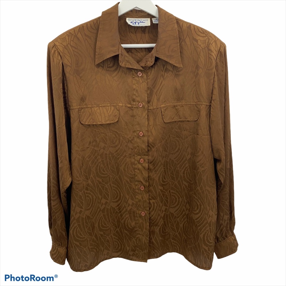 Vintage 90s Givenchy Size 16 Satin Blouse Button Down Long Sleeve   Brown Womens